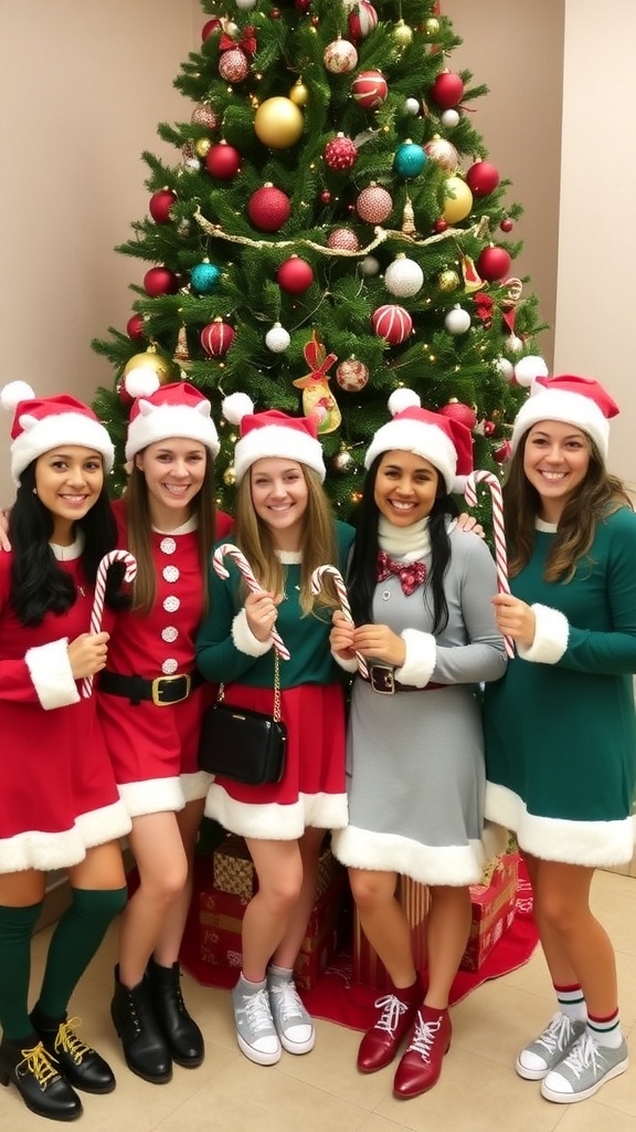Matching Christmas Profile Pictures for 5 People Five friends in matching Christmas outfits with a decorated tree, holding holiday props.